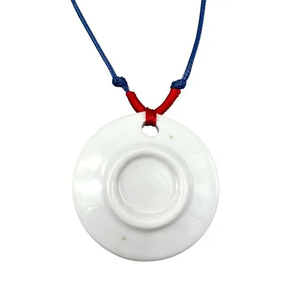 Blue & White Ceramic Round Pendant Necklace Floral Bird Design Adjustable Cord - Picture 5 of 5